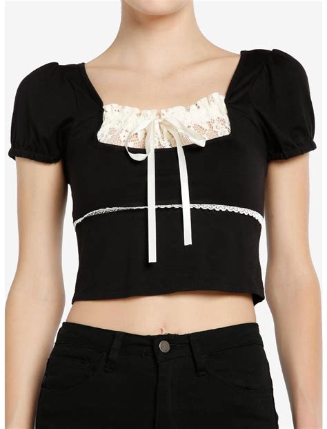 Thorn & Fable Black & Ivory Lace Girls Puff Sleeve Top | Hot Topic