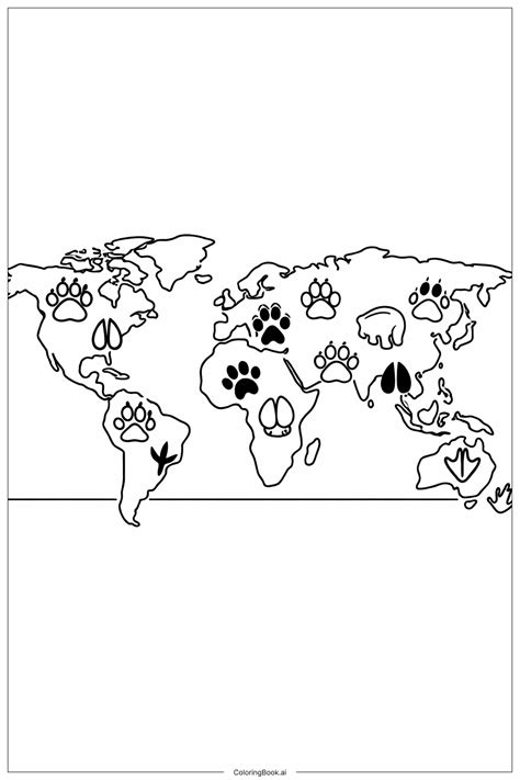 World Map with Animal Footprints Coloring Page (Free PDF&PNG Printable)