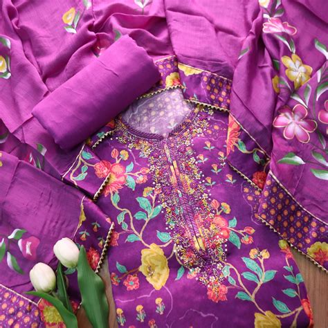 Maya Orchid Purple Kardana Embellish Neck Work in Floral Printed Musli ...