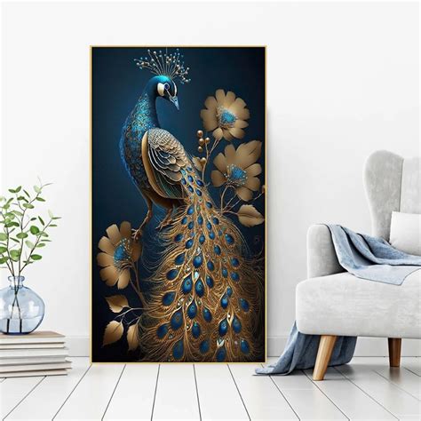 Modern Art Golden Peacock Oriental Luxury Style Canvas Floating Frame ...