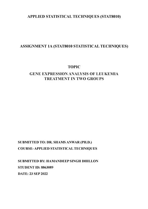 Assignment 1A gene data analysis (8863089) - APPLIED STATISTICAL ...