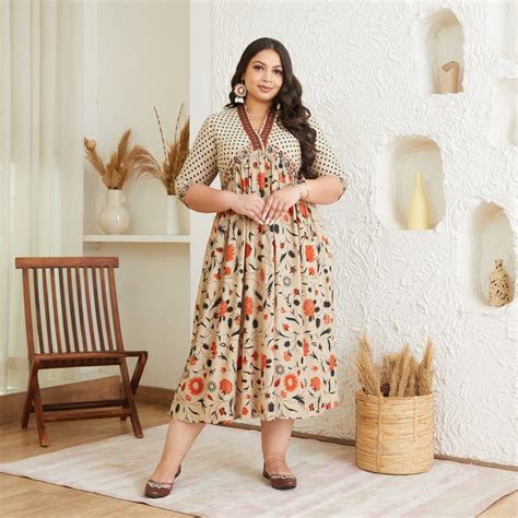 Buy Beige Blossom V Neck Alia Cut Dress - SOM | Rustorange