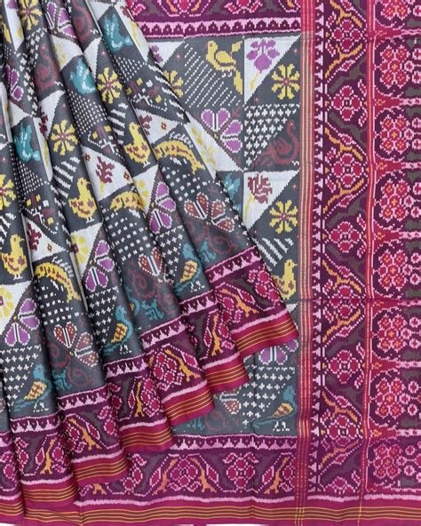 Pink & Grey with White Fancy Narikunj Semi Double Ikat Patola Saree ...