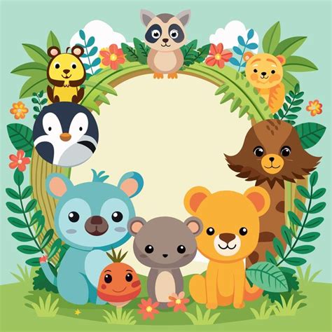 A circle of animals with different colors and a frame with a picture of ...