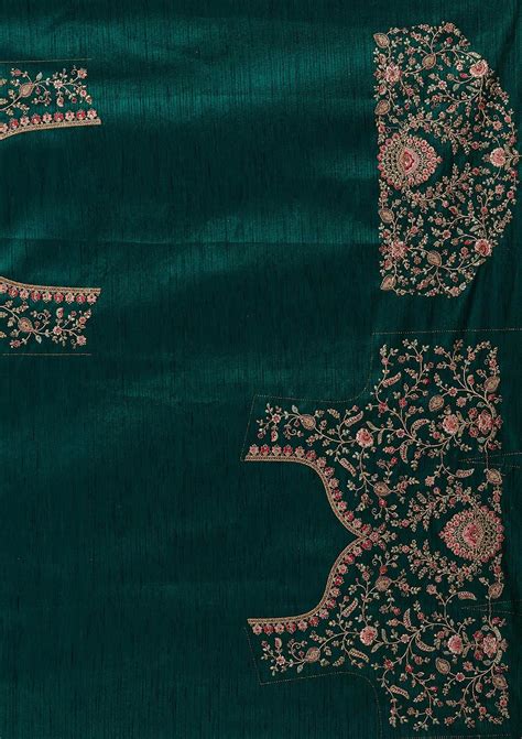 Buy Bottle Green Zariwork Raw Silk Semi Stitched Lehenga - Koskii