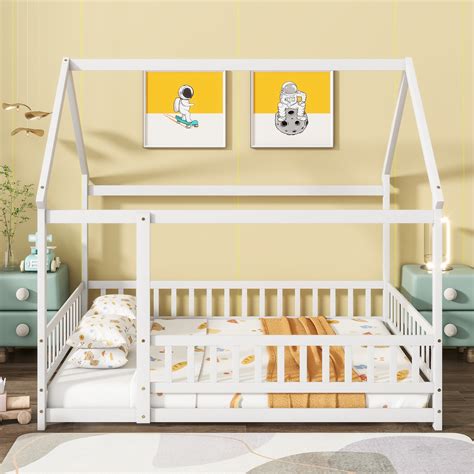 Generic Full Size House Floor Wooden Bed with Roof Frame, Safety ...