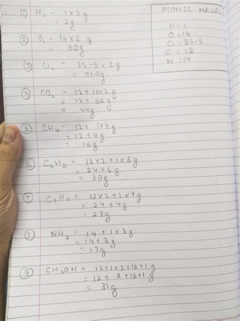 calculate the molecular masses of H2, O2, Cl2 ,Co2, CH4, C2H6, C2H4 ...