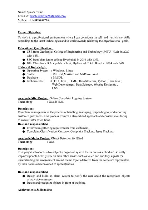 Ayu resume - computer science - Name: Ayushi Swain Email id ...