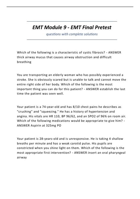 EMT Module 9 - EMT Final Pretest questions with complete solutions ...
