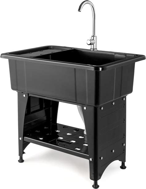 Black Utility Sink Laundry Tub With Pull Out Chrome Faucet, Sprayer ...