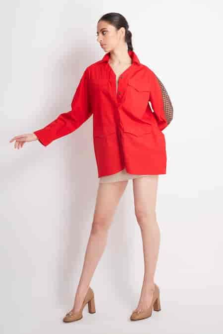 Buy Red Cotton Leather Cutwork Trellis Collared Neck Placement Shacket ...