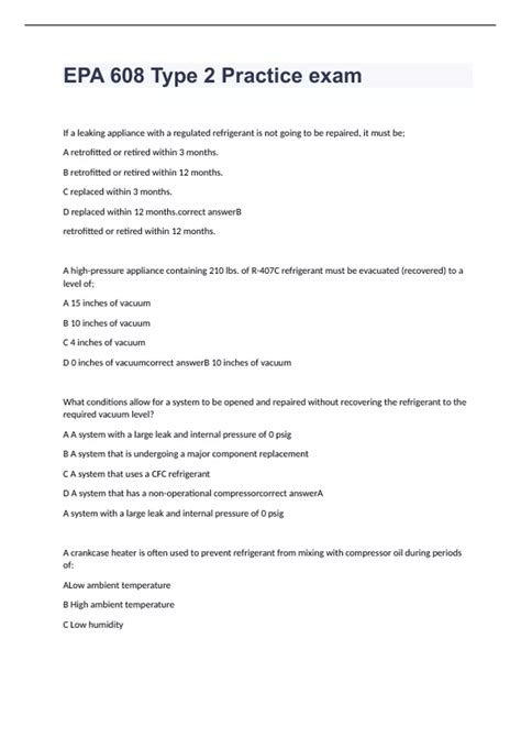 EPA 608 Type 2 Practice exam questions 2023 with verified answers - EPA ...