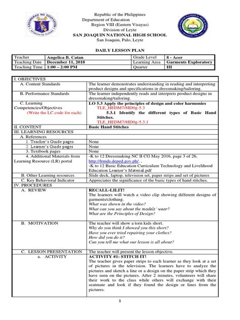 Image result for Sample Lesson Plan Dressmaking