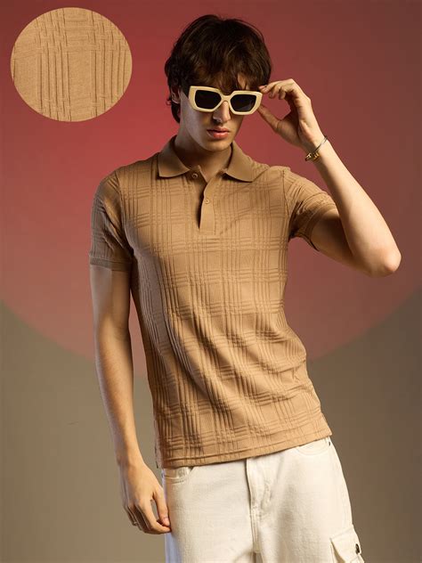 ₹674 | Campus Sutra men's Buff Beige Intertwine-Textured Polo T-Shirt ...