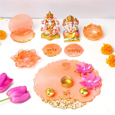 Premium Ganesh-Lakshmi Resin Pooja Set of 8 Peach – akshat-arts