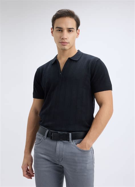 Men Black Self Design Short Sleeve Zippered Flat Knit Polo | Pepe Jeans ...