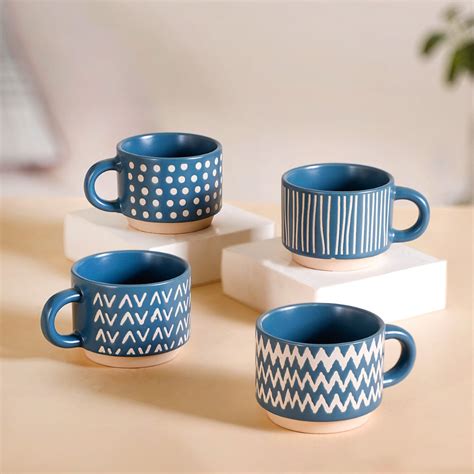Eclectic Stackable Cups Set Of 4 With Stand Blue 100ml Online - Premium ...