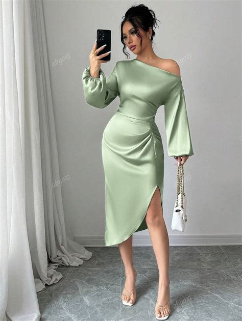 abyoxi Solid Color Elegant Asymmetrical Neck Long Sleeve Waist Handmade ...