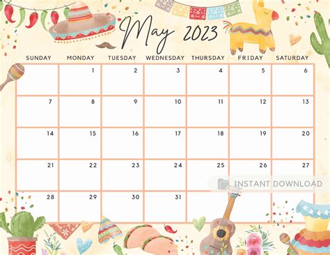 May 2023 calendar cute fun cinco de mayo theme printable editable fillable planner calendar for ...