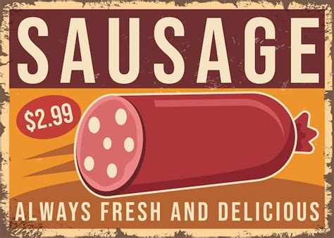 Fresh sausage rusty metal plate vintage sign butcher shop retro poster ...