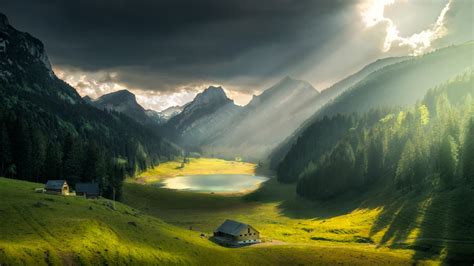 Download wallpaper the sky, clouds, rays, light, landscape, mountains ...