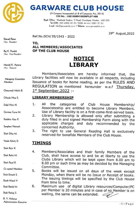 Notice regarding Library Membership - Garware Club House
