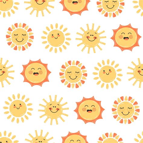 Childish seamless pattern with happy yellow sun smiling on white ...