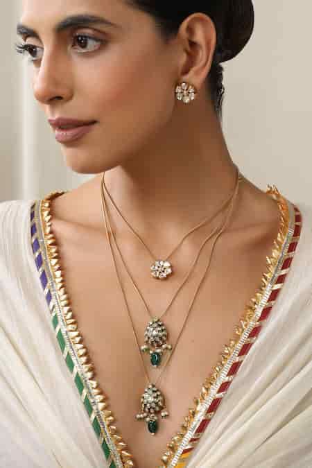 Buy Green Imitation Diamonds Polki Layered Necklace Set by Swabhimann ...