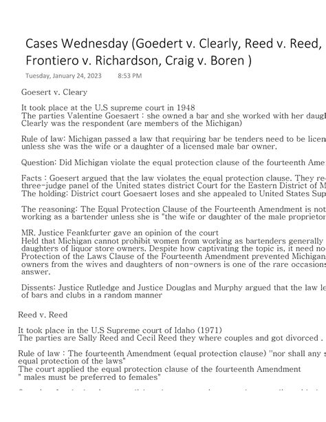 Cases Wednesday (Goedert v. Clearly, Reed v. Reed, Frontiero v ...