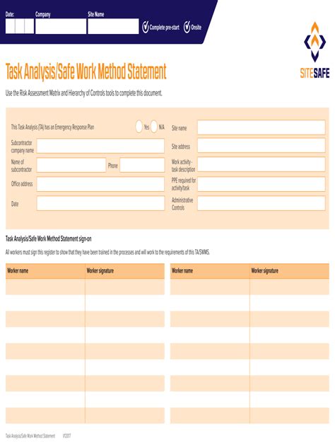 2017-2026 Form NZ Site Safe Task Analysis (TA) and Safe Work Method ...