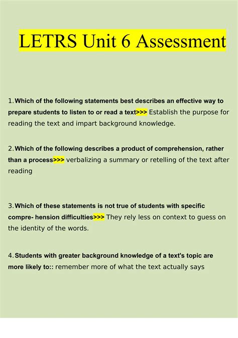 LETRS Unit 6 Assessment Questions and Answers 2025/2026 | 100% Verified ...