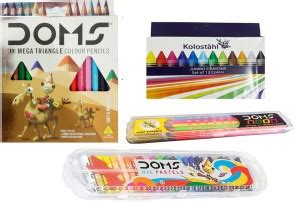DOMS 12 MEGA TRIANGLE COLOUR PENCIL + 25 SHADE OIL PASTEL + GROOVE SLIM ...