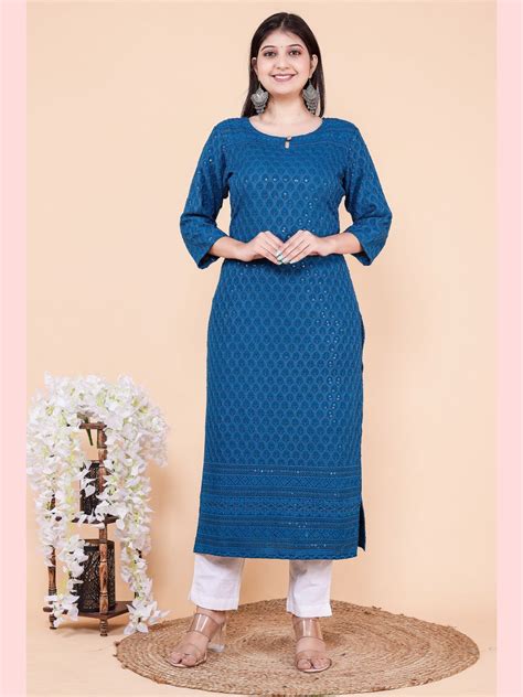 Chikan Sequin Embroidered Straight Kurta - Blue – VEDANA