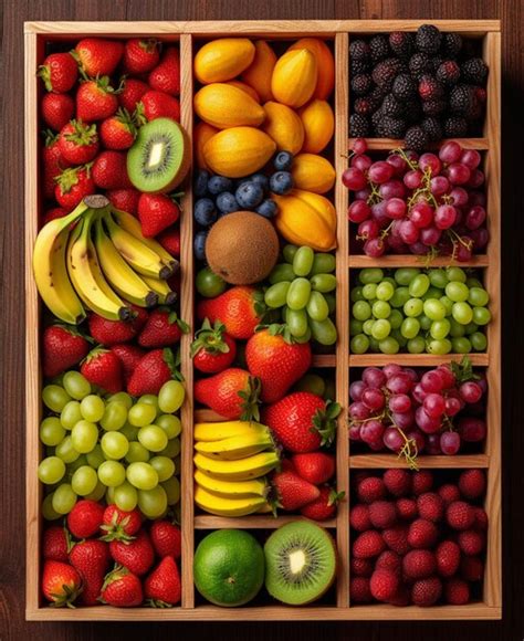 There are many different fruits in a wooden box on a table generative ...