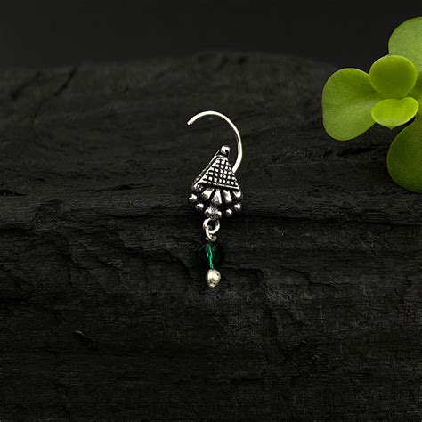 Silver Tribe Hanging Bead Nose Pin (Green) – Gypsy Maal