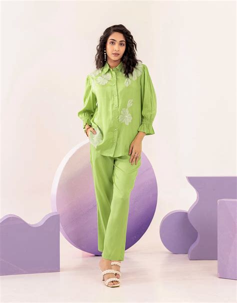 Hazel green embroidered co-ord set – Studio Misri