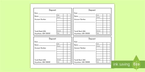 US Bank Dramatic Play Deposit Slip | Dramatic Play | Twinkl