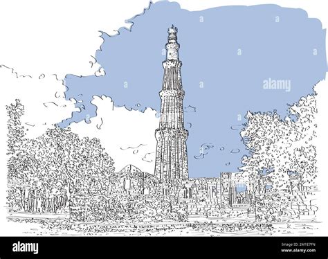 Qutub Minar Mehrauli Delhi India sketch illustration, Qutub Minar, Delhi. Indian most famous ...