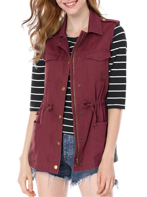Allegra K Women's Sleeveless Zip Up Drawstring Waist Cargo Vest Jacket ...