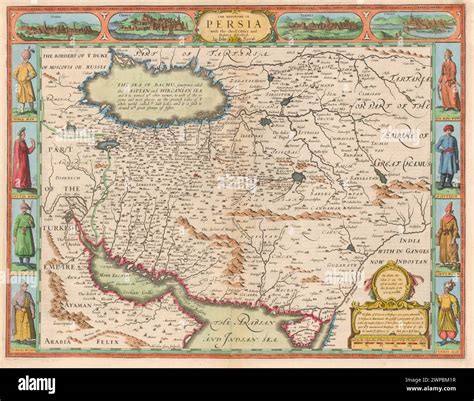 Vintage Map of The Kingdom of Persia, with chief cities and garments in cartouches. By John ...