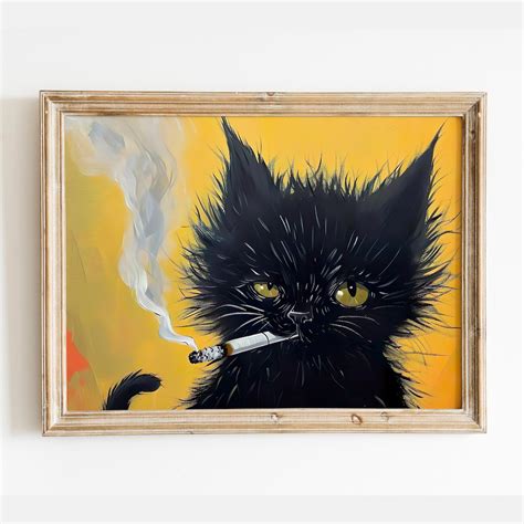 Black Cat Painting, Cat Smoking a Cigarette, Cat Wall Art, Cat Print ...