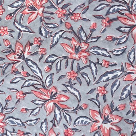 Pure Cotton Jaipuri Grey With Peach Flower Jaal Hand Block Print Fabri ...