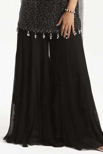 Buy Black Silk, Net, Georgette Sequins, Beads Halter Embroidered Kurta ...