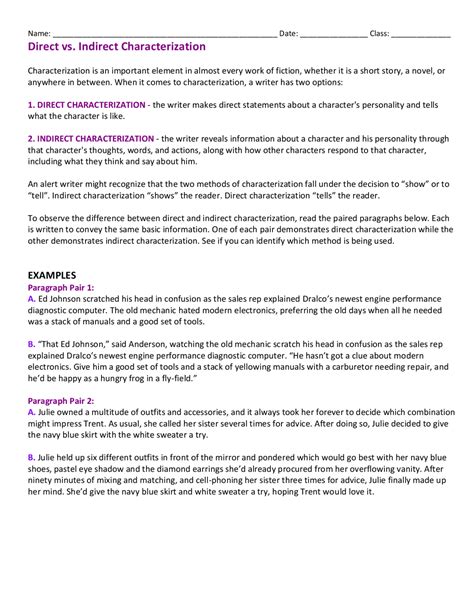 Direct Vs Indirect Characterization Worksheet Indirect And Direct