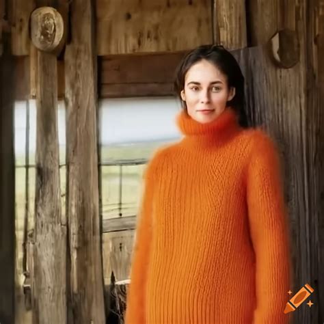 Close-up view of woman in orange turtleneck sweater and black leather ...