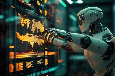 A humanoid robot interacts with a digital world map on a screen ...
