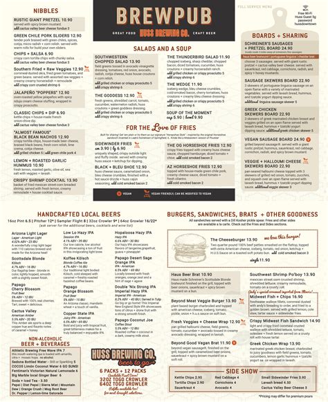 Huss Brewing Tempe Taproom menu in Tempe, Arizona, USA