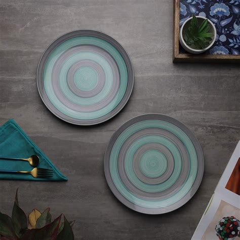 Buy CROK CHOK Green & Grey Plates Pair Handpainted Ceramic Dinner ...