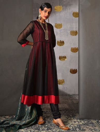 Shop Jaypore Women Black Maheshwari Silk Maheshwari Round Neck Anarkali ...