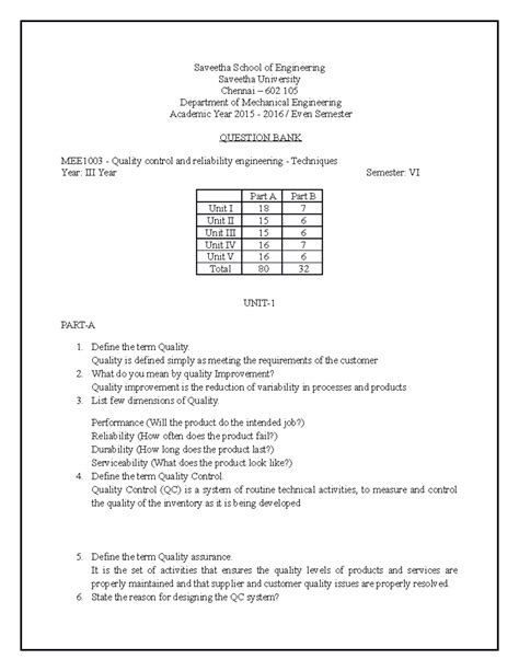 MEE1003 - Quality control and reliability engineering - Techniques ...